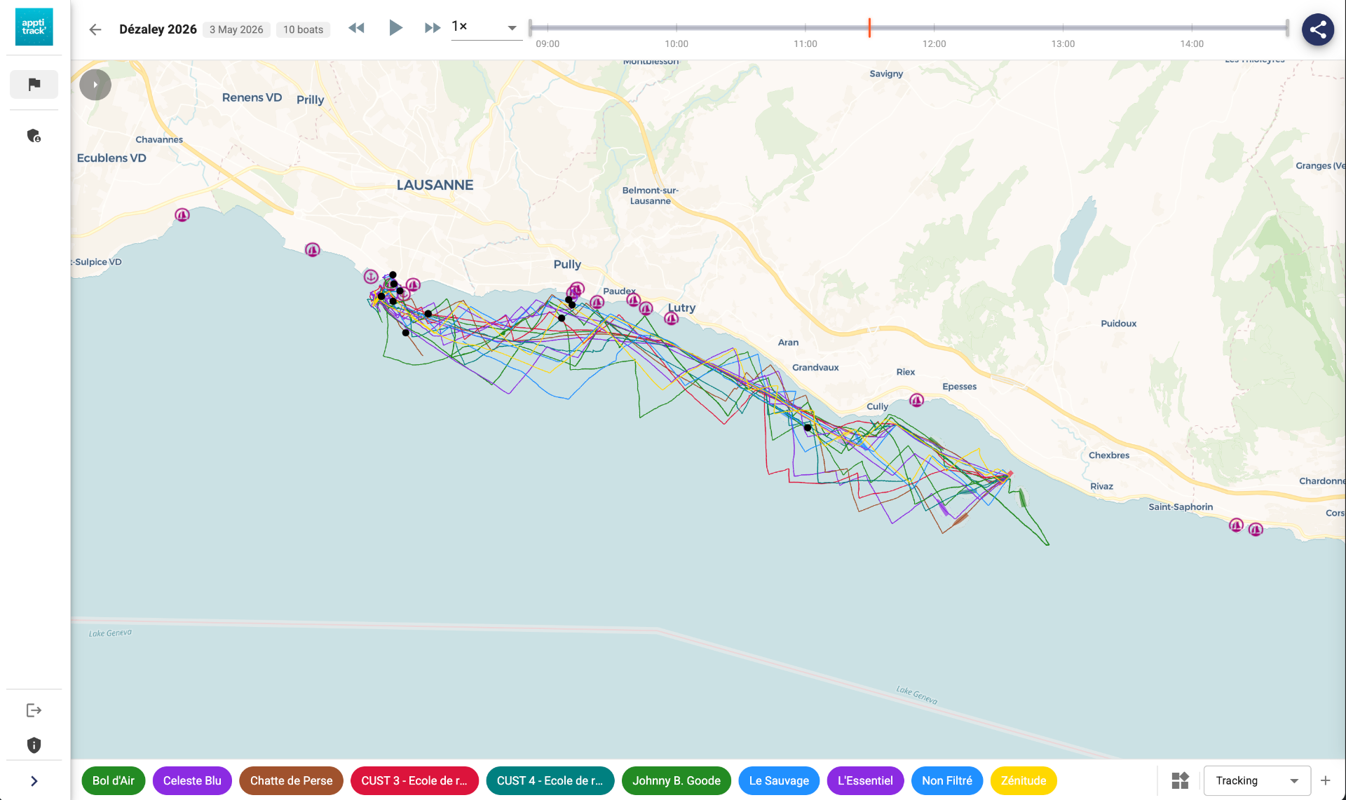 Tableau de bord TRKS — vue temps réel de la flotte avec traces colorées sur le lac